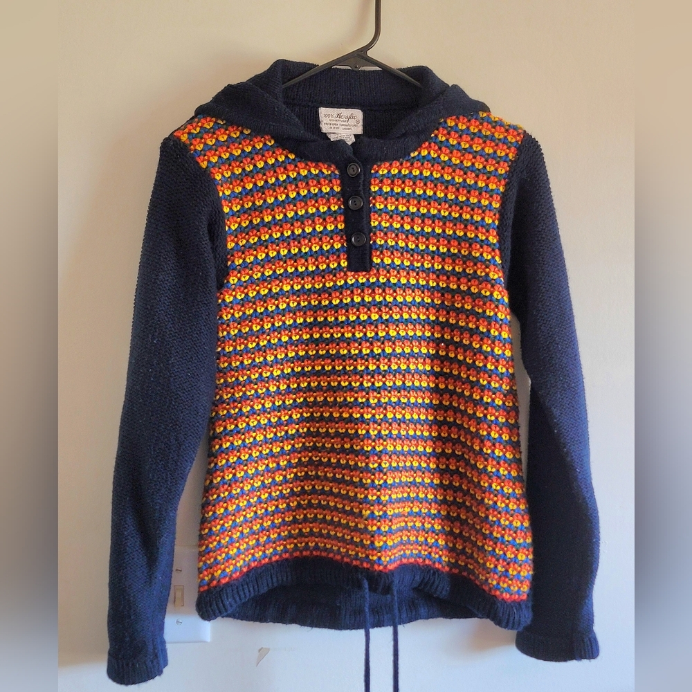 Vintage 100% Acrylic Knitted Crochet Unisex Sz M Rainbow Color Hoodie Sweater